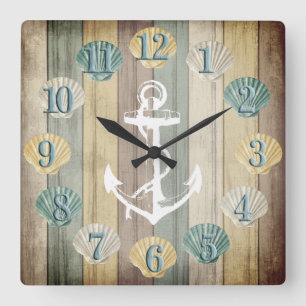 Beach Wood Nautical Stripes with Anchor Square Wa Square Wall Clock