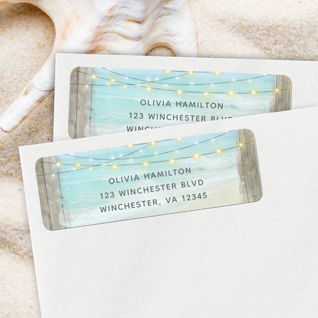 Beach Wood String Lights Wedding Return Address Label (Creator Uploaded)