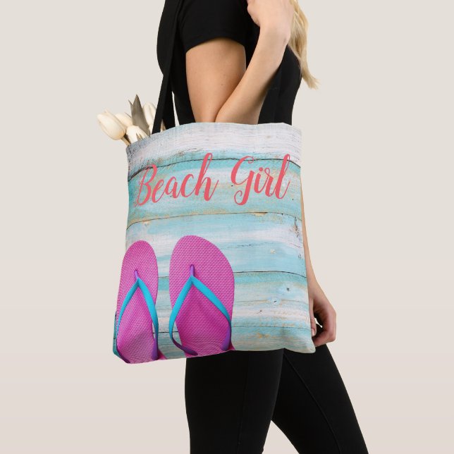 Beach wood Teal Pink Flip Flops Tote Bag (Close Up)