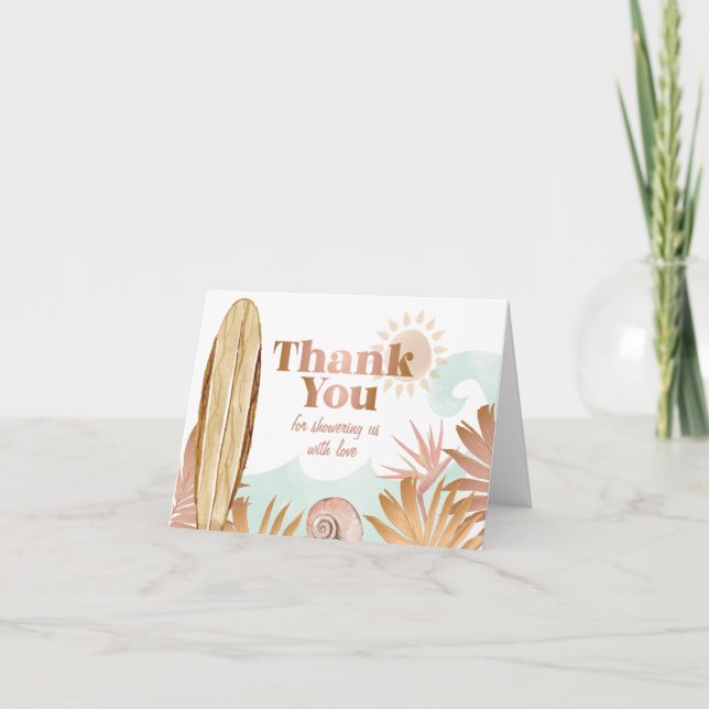 Beach Wooden Surfboard Baby Shower Thank You card (Front)