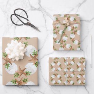 Beach Wreath Sea Stars Sand Dollars Sand Tan Wrapping Paper Sheet