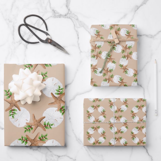 Beach Wreath Sea Stars Sand Dollars Sand Tan Wrapping Paper Sheet (Front)