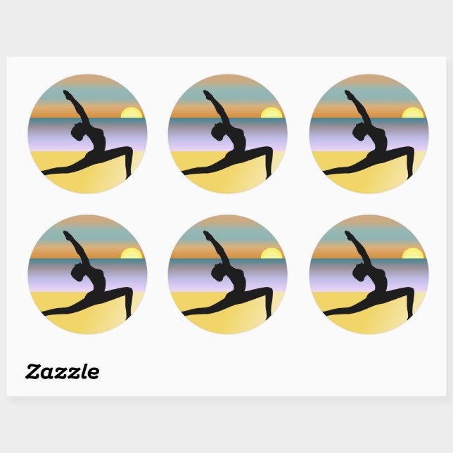 Beach Yoga Woman Posing Silhouette Round Stickers (Sheet)