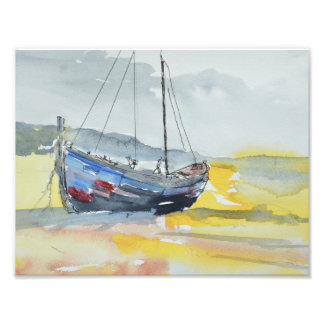Beached Blue Fishing Boat Photo Print
