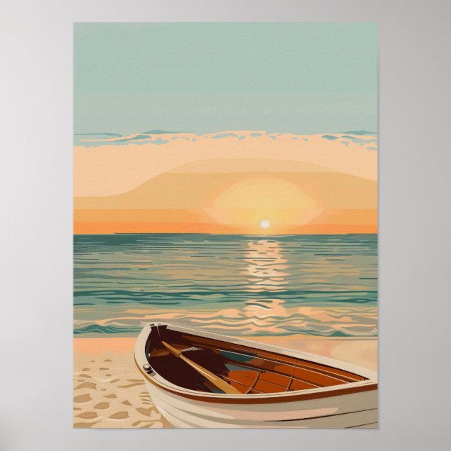 Beached boat at sunset poster (Front)