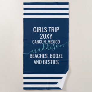 Beaches & Besties Personalised Navy Blue White Beach Towel
