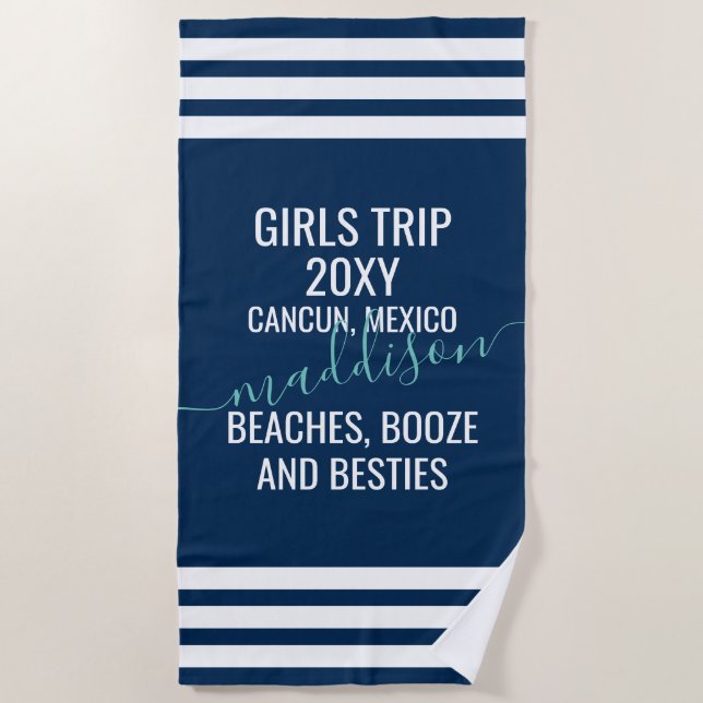 Beaches & Besties Personalised Navy Blue White Beach Towel (Front)