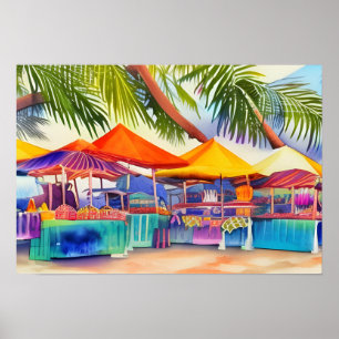 Beachfront Market Stalls Watercolor  Poster