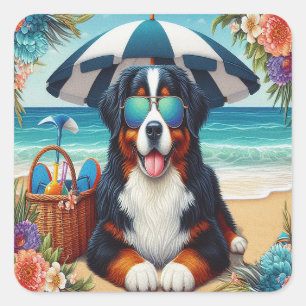 Beachside Bernese Bliss: Cool Dog with Sunglasses Square Sticker