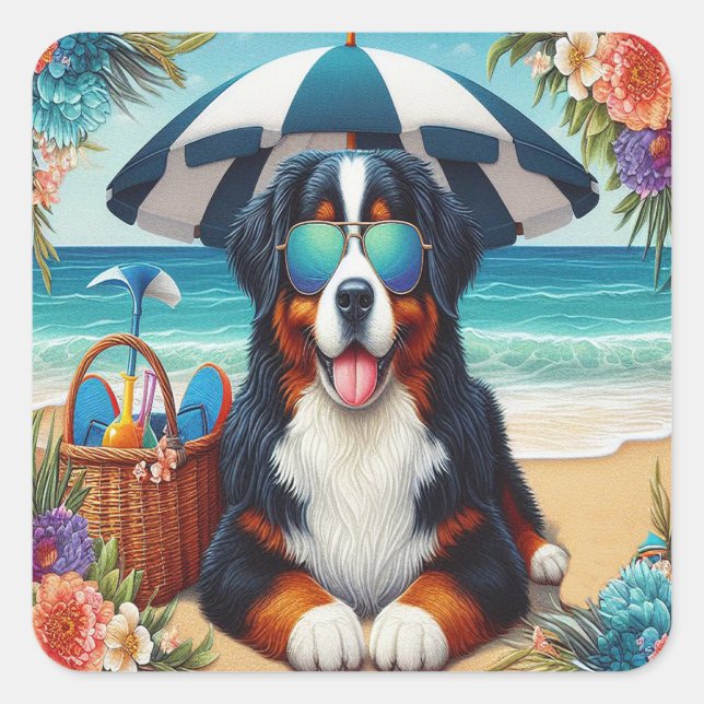 Beachside Bernese Bliss: Cool Dog with Sunglasses Square Sticker (Front)