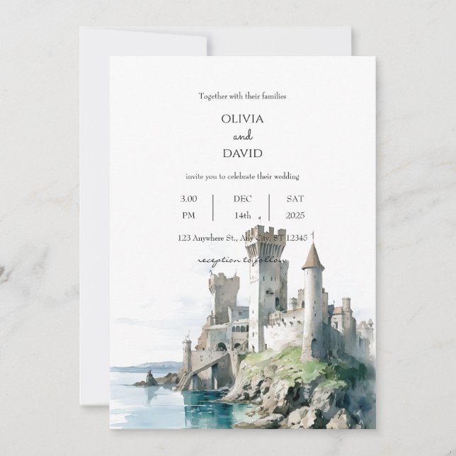 Beachside Coastal Landscape Castle Ruins Wedding Invitation (Front)