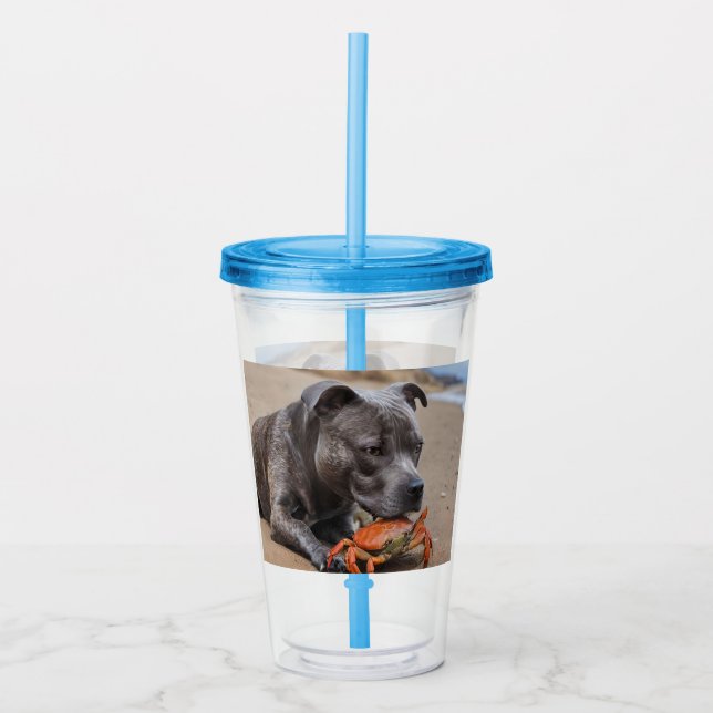 "Beachside Pals: A Staffy and Its Crab Companion" Acrylic Tumbler (Front)