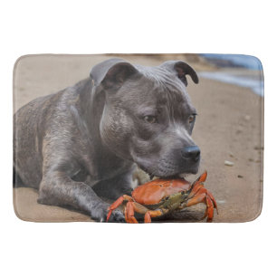 "Beachside Pals: A Staffy and Its Crab Companion" Bath Mat