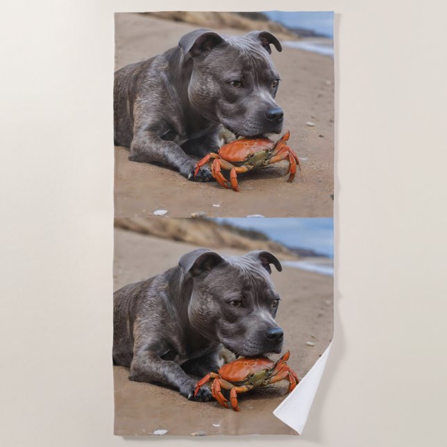 "Beachside Pals: A Staffy and Its Crab Companion" Beach Towel (Front)