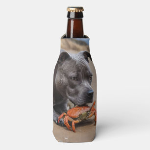"Beachside Pals: A Staffy and Its Crab Companion" Bottle Cooler