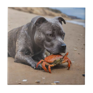 "Beachside Pals: A Staffy and Its Crab Companion" Ceramic Tile