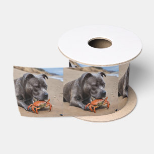 "Beachside Pals: A Staffy and Its Crab Companion" Satin Ribbon