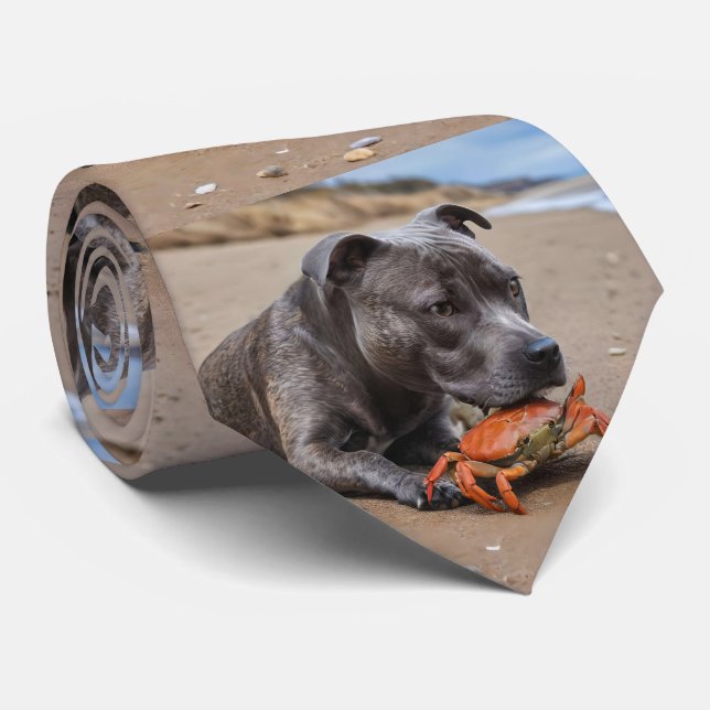 "Beachside Pals: A Staffy and Its Crab Companion" Tie (Rolled)