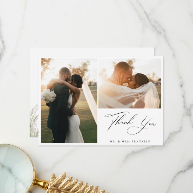 Beachside Pampas Grass Modern Script Wedding Photo Thank You Card (Front/Back In Situ)