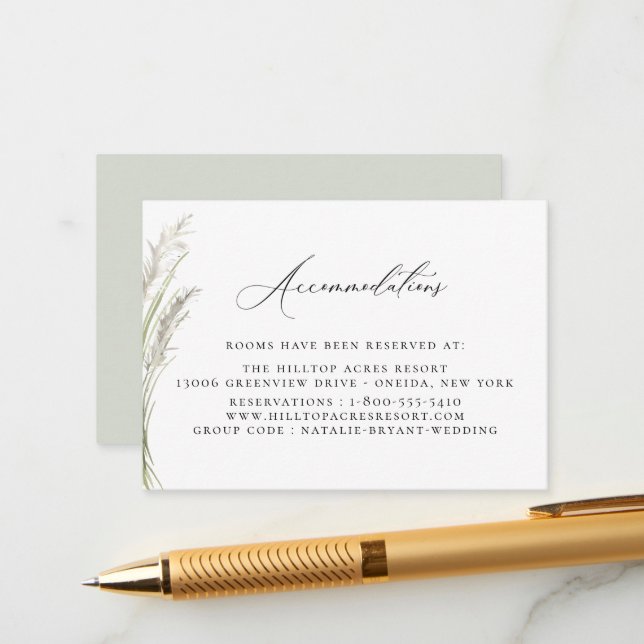 Beachside Pampas Grass Wedding Accommodations  Enclosure Card (Front/Back In Situ)