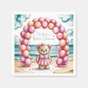 Beachside Teddy Bear Balloon Girl Baby Shower Napkin