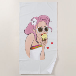 Beachtowel Fashion Illustration Girl Summer Ice Beach Towel