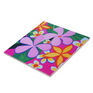 Beachy and modern tropical flowers on pink ceramic tile