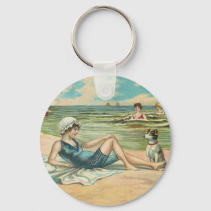 Beachy Antique Seashore Illustration Key Ring