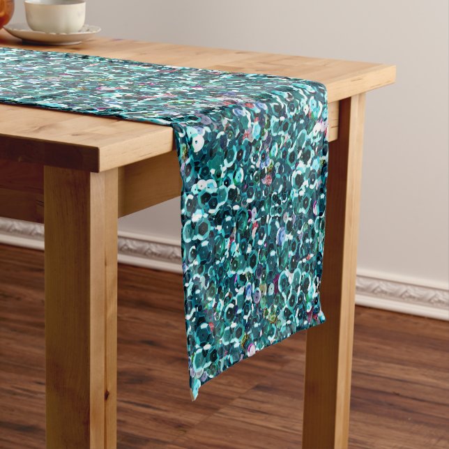 Beachy Aqua Blue Faux Sequins Short Table Runner (In Situ)