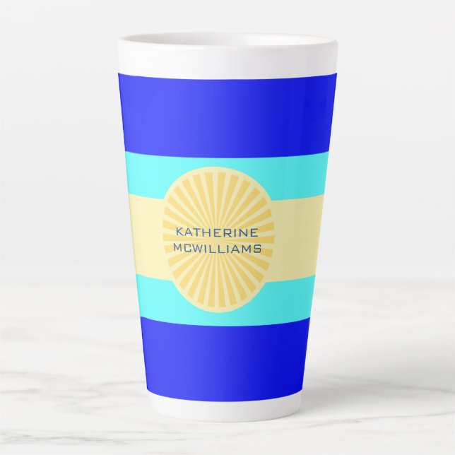 Beachy Bliss: Ocean Blues and Sunny Hues-Stripes- Latte Mug (Front)