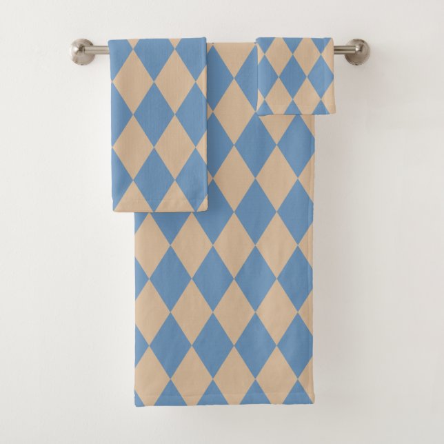 Beachy Blue and Tan Harlequin Bath Towel Set (Insitu)
