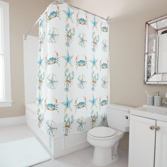 Beachy Blue Crab, Lobster, Starfish, Sand Dollar Shower Curtain (In Situ)