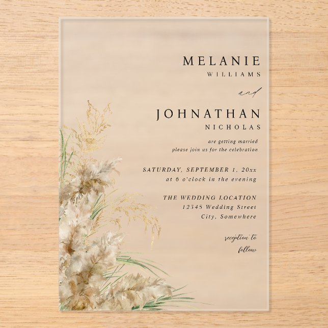 Beachy Boho Pampas Grass Wedding 2 Acrylic Invitations (Front)