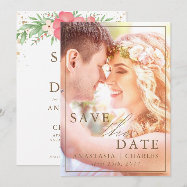 Beachy Boho Pink & Ivory Greenery Floral Photo Save The Date (Front/Back)
