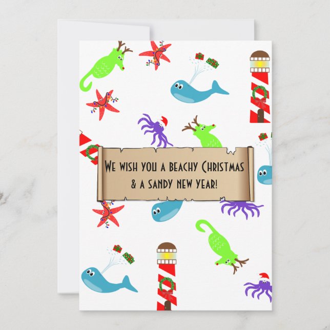 Beachy Christmas and Sandy New Year Sea Creatures Holiday Card (Front)