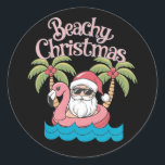 Beachy Christmas Tropical Vacation Santa Beach  Classic Round Sticker<br><div class="desc">Beachy ChristmasTropical Vacation Santa Beach Lover Gift</div>
