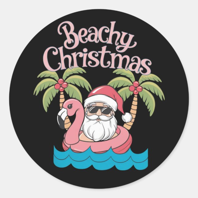 Beachy Christmas Tropical Vacation Santa Beach  Classic Round Sticker (Front)