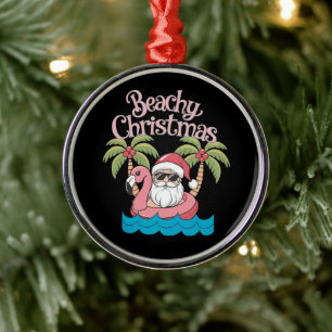 Beachy Christmas Tropical Vacation Santa Beach  Metal Ornament