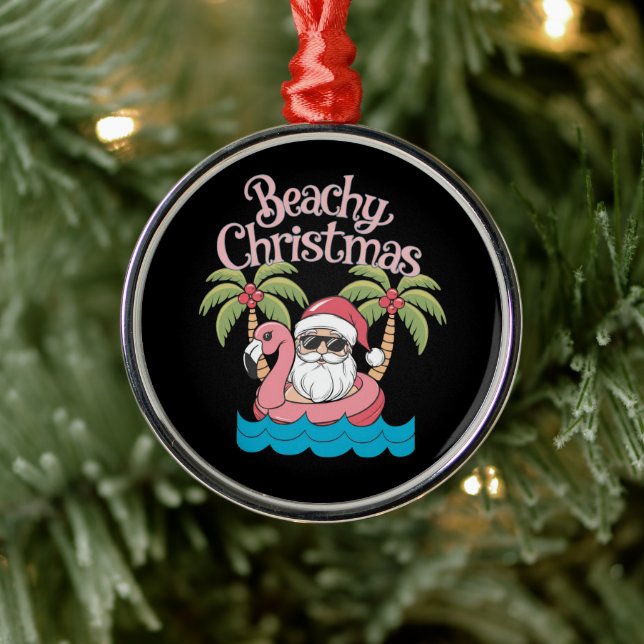 Beachy Christmas Tropical Vacation Santa Beach  Metal Ornament (Tree)