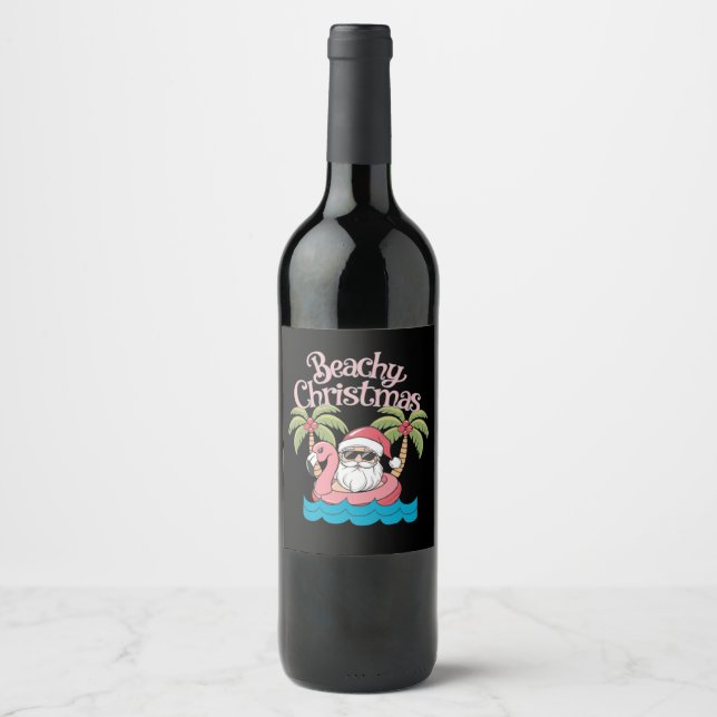 Beachy Christmas Tropical Vacation Santa Beach  Wine Label (Front)