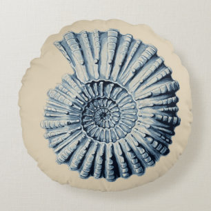 Beachy Coastal Blue Spiral Seashell Round Cushion