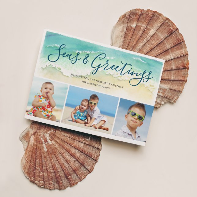 Beachy Coastal Blue Three Photos Seas & Greetings Holiday Card (Creator Uploaded)