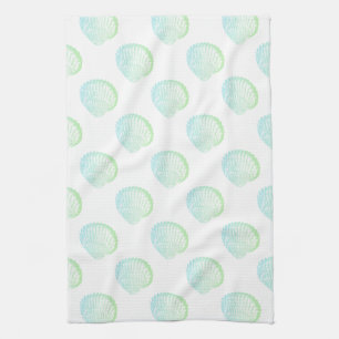 Beachy Coastal Seafoam Green Seashells Tea Towel