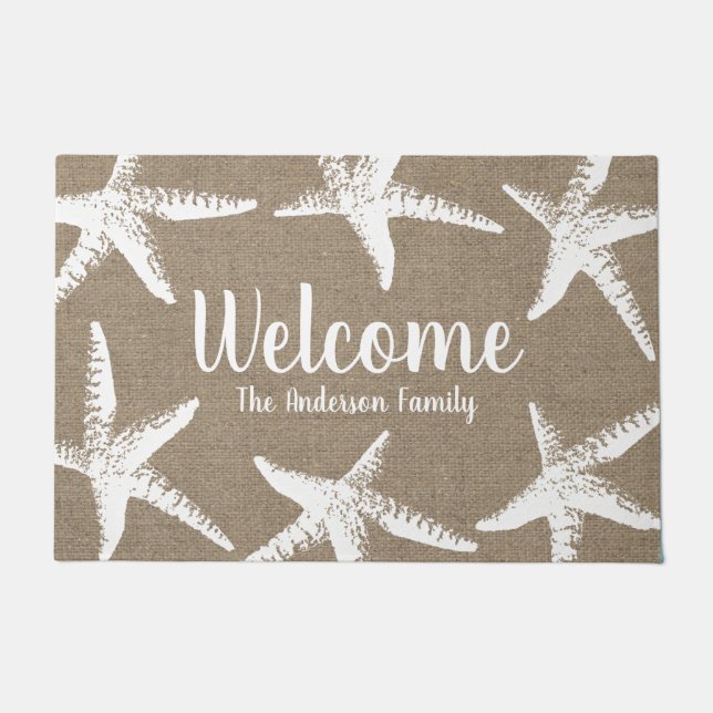 Beachy Coastal White Starfish Faux Burlap Doormat (Front)