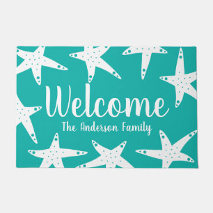 Beachy Coastal White Starfish & Ocean Green Doormat