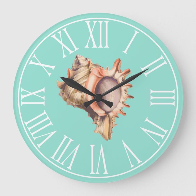 Beachy Conch Shell & Sea Glass Green Large Clock (Front)