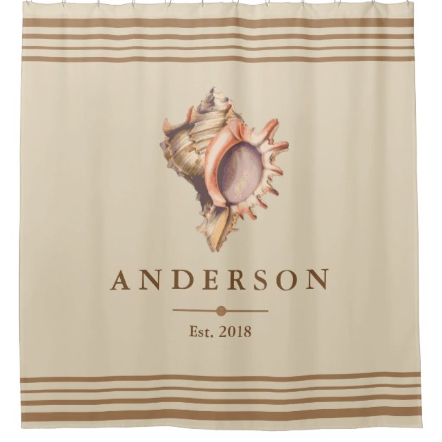 Beachy Conch Shell & Taupe | Personalised Shower Curtain (Front)