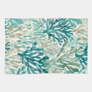Beachy Coral Teal Green Beige Watercolors Tea Towel