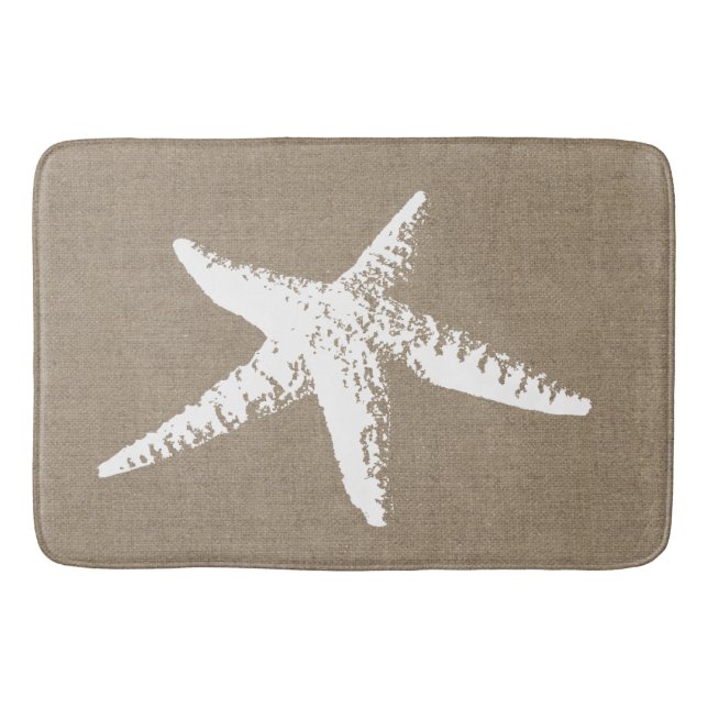Beachy Faux Burlap White Starfish Bath Mat (Front)