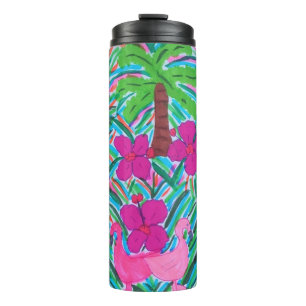 Beachy Flamingos and Palm Trees Print Thermal Tumbler